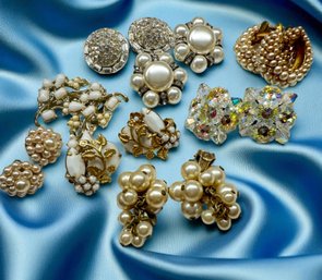 Lot 604LC - Unsigned Collection Of 8 Pairs Vintage Clip On Earrings - Milk Glass - Sequins - Faux Pearls -