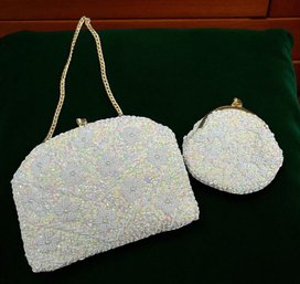 Lot 605LC - British Hong Kong - Ivory Irridescent Sequins Pearl Evening Bag - Vintage Clutch With Change Purse