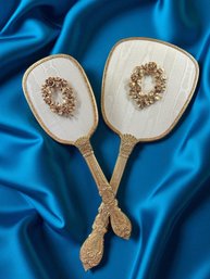 Lot 606LC - 1950s Art Nouveau - Hollywood Regency -  Gold Finish Vanity Set Brush And Mirror