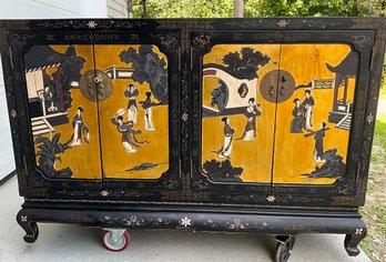 Lot 76- Asian Wood Chest Painted Buffet Sideboard Cabinet - Rustic AS-IS - Needs TLC
