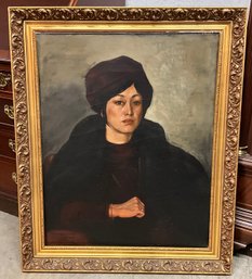 Lot 79- Portrait Woman Painting - Signature 1981 Miss H. Higuehi - Large Gold Frame