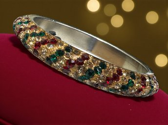 Lot 376LC - MERRY MERRY! Red Green Clear Rhinestone Bangle Bracelet In Goldtone