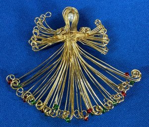 Lot 377LC - Wire Made Gold Tone Angel With Red & Green Beads & Faux Pearl Head - Religious Statement Pin