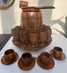 Lot 317SES- Wooden Carved Lazy Susan Vintage Tiki Punch Bowl Set With Wood Goblets Plus Coffee Cup/saucer