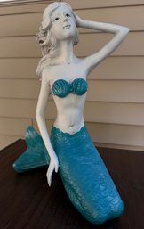 Lot 463 - Mermaid Outdoor/indoor Statue Aqua & White Seashell Bikini Top & Blowing Long Hair