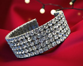 Lot 380LC - 1980s Vintage Diamond Crystal Rhinestone Cuff Bracelet - Silvertone Jewelry