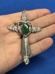 Lot 384LC - 1970s Large Heart Cross With Green Stone - Religious Celtic Style Jewelry