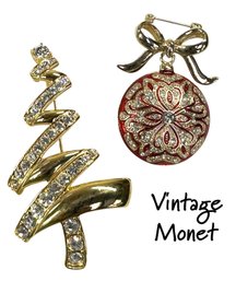 Lot 387LC - 1980s Vintage Monet Signed - Zig Zag Christmas Tree -clear Rhinestones & Red Enamel Ornament Pins