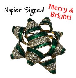 Lot 388LC - 1950-60s 3D Green Enamel And Crystal Vintage Napier Signed Christmas Bow Pin Xmas Brooch