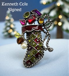 Lot 389LC - 1980s Kenneth Cole Bejeweled Christmas Stocking - Enamel Colored Rhinestones - Dangling Beads