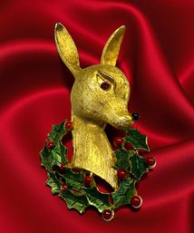Lot 390LC - Mid Century Goldtone Reindeer Head With Textured Finish Enamel Holly Wreath Red Rhinestone Eye Pin