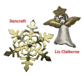 Lot 391LC - Vintage Holiday Brooches Dancraft Two-tone Snowflake And Liz Claiborne Angel Pins