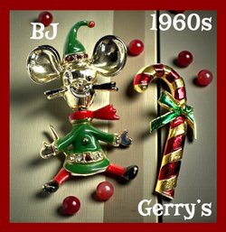 Lot 393LC - 1960s Beatrix Jewelry Elf Mouse Bobblehead - Enamel - And Gerry's Candy Cane
