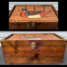 Lot 212- Wood Chest Box With Carved Duck On Top Brass Handles & Corners - Country Decor Vintage Box