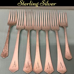 Lot 35- 7 Forks Sterling Silver Monogram V - 2 Salad 5 Dinner- Weight In Photos