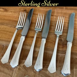 Lot 71- Sterling Silver Dinner Forks (3) & Sterling Handle Knives Monogram V (3)- Weight In Photos