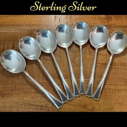 Lot 64- Gorham Sterling Silver Greenbrier Soup Spoons (7) - Weight In Photos