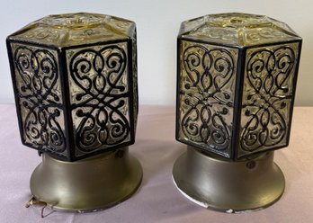 Lot 153BS- (2) 1960s MCM Black Scroll - Light Fixtures Glass Globe -  Porch, Ceiling - Vintage Lamps - Lights