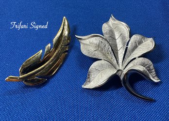Lot 416LC - 2 Leaf Brooches Trifari Signed Silvertone & Goldtone