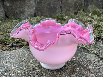Lot 38SES- Fenton Art Glass Ruffled White With Pink Crimped Bowl - Vintage Decor