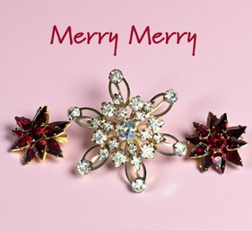 Lot 325LC - 3 Brooches - 1 Clear Crystal Rhinestone Silvertone Pin - 2 Tiny Ruby Red Starburst Pins - Goldtone