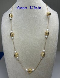 Lot 326LC - 1980s Anne Klein Long II Station Chain Necklace Signed Gold Tone And Faux Pearls