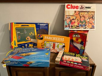 Lot 30- Cross Up Poker- Parcheesi- Clue Jr- Challenge 20- Stomper Speedster - Sesame St. - Vintage Games