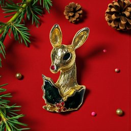 Lot 329LC - Feeling Merry! 1960-70s Petite Rudolph Red Nose Reindeer Deer With Holly Goldtone Brooch Pin