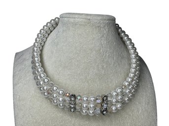 Lot 330LC - 1940-50s Timeless Elegance Classic Triple Strand Faux Pearl & Crystal Choker Bride Necklace