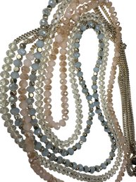 Lot 332LC - Talbots 32 Inch Triple Strand Necklace Pink Light Blue Silvertone Crystal Clear Stones