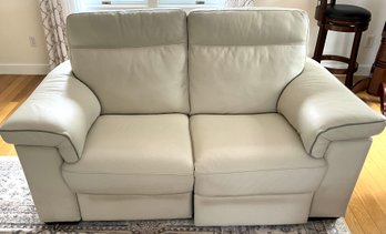 Lot 5- Natuzzi Italian Pebbled Leather In Cream - Grey Trim Electric Recliner RECLINING Love Seat Sofa - WOW