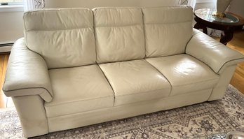 Lot 7- Natuzzi Italian Pebbled Leather Soft White With Grey Trim Sofa Couch