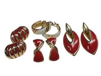 Lot 336LC - Festive In The 1980s! Bright Red & White Enamel On Goldtone Pierced Earrings - 1 Marked Avon