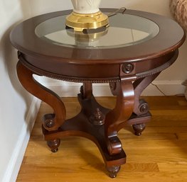 Lot 36- Cherry Round End Table With Glass Top