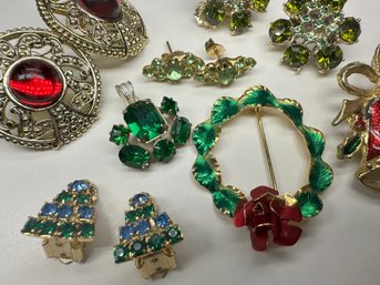 Lot 339LC - Mixed Christmas Holiday Pins - Tiny Blue Green Trees - Bells - Ruby Red Cabochon Earrings - Wreath