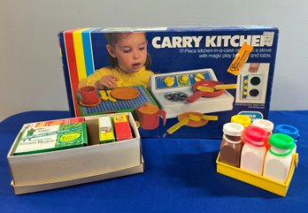 LOT 791 - Early 1980s Child Guidance Kitchen Set - Miniature Cardboard Food Toys - Fisher Price Milk Bottles