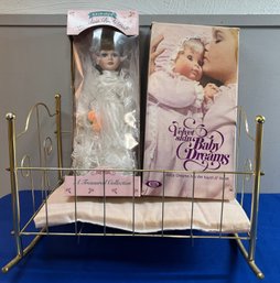 LOT 798 - Baby Doll And Brass Rocker Crib - 1990s Animated Porcelain Bride Doll - 1975 Velvet Skin Baby Dreams