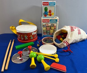 LOT 799 - 1970-80s - Preschool Toys -  Fisher Price Drum - Playskool Wood Letter Blocks & Rhythm Instruments