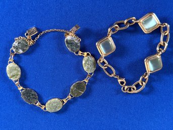 Lot 440LC - Costume 2 Vintage Bracelets Gold Tone- Green Agate And Iridescent Milky Opalescent Cabochon Stones