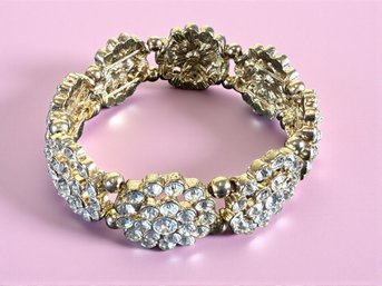Lot 444LC - 1950-60s Flex Gold Tone Clear Rhinestones Flower Floral Cluster Links Stretch Bracelet