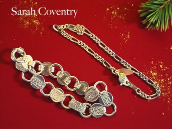 Lot 455LC - 2 Bracelets Signed Sarah Coventry Goldtone Figaro Chain, Vintage Etched Design Silvertone