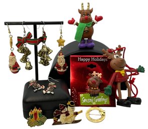 Lot 1JT- Happy FUN Costume Jewelry- Enamel Snowman Pin- Earrings- Reindeer Figures - Vintage!