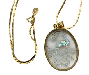 Lot 11LC - Park Lane Signed Parklane Etched Glass Peacock Pendant And Necklace - Vintage Jewelry