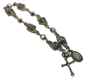 Lot 410 - Religious Rosary With Roses &  Pink Crystals Bracelet Medal Charms Costume 8 Inches