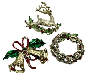 Lot 7JT- Prancing Rudolph Pin- Christmas Bells- Gerrys Wreath Brooch - Lot Of 3