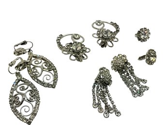 Lot 404 - Pretty! Clip On Costume Earrings Crystals And Rhinestones - 4 Pairs - Wedding Jewelry!