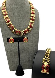 Lot 4DD- 1990s Joan Rivers Signed Gold &  Red Enamel Lady Bug Necklace - Bracelet - Earrings