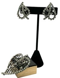 Lot 413 - Filigree And Rhinestones Heart Pendant - Unsigned - With Matching Clip On Earrings.