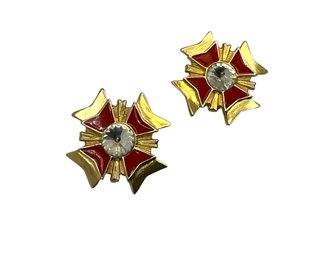 Lot 483 - Costume - Opulent Red Enamel And Gold Maltese Cross Clip On Earrings - Measures  1.25