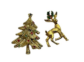 Lot 9JT- Costume Gold Christmas Tree Pin & Reindeer Deer Brooch Signed New View - Lot Of 2 Christmas Jewelry
